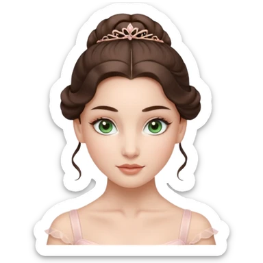 Cinema Realistic Ballerina Portrait, with porcelain-like skin featuring a natural rosy flush, illuminated by soft lighting that highlights the gentle contours of her face. Her Brunette hair flows in soft.Her deep green light eyes radiate framed by arched brows and long lashes. sticker