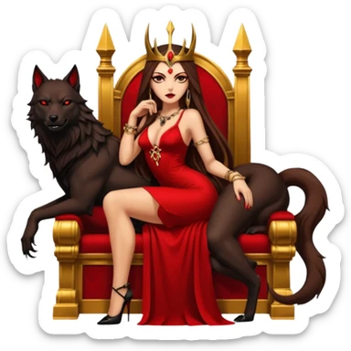 Caramel skin toned Lilith symbol seductress evil brown straight long hair haired, sexy succubus woman with red and black Chanel dress sitting on a Black and gold throne. A large black wolf laying beside he sticker