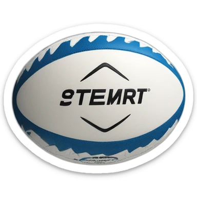 An oval GILBERT rugby ball, with four leather panels and hexagonal and pentagonal patterns, the colors are white and blue, with black lettering and logos sticker
