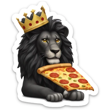 A Black lion with a golde crown on the at. eating a slice of pizza sticker