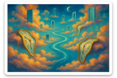 surreal heaven with melting clocks, floating doors, celestial rivers, inspired by Salvador Dalí's dreamlike surrealism sticker