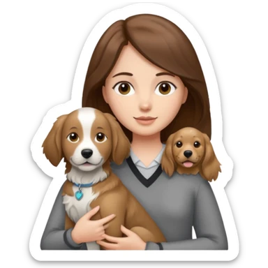 Girl with brown hair holding grey white and black golden retriever dog sticker