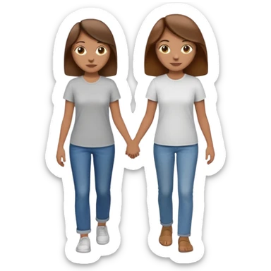 based on emoji style, two people walking together. one is brown-haired woman, wearing a shirt,  Another one is a non-binary person, wearing t shirt and jeans, and the second person doesn't have anything on their hands. They are not holding hands sticker