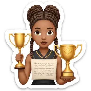 generate an emoji for this phrase, Start strong to earn trust and be noticed. End strong to be remembered. make it a black woman in braids updo looking determined with a white script in hand and a trophy sticker