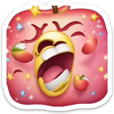 A classic apple emoji, tongue out and mouth wide open on a smile, dizzy eyes, and swirling stars around their head. Tilted 45 degrees sticker