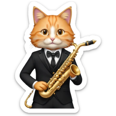 orange cat play gold saxophone, wear black suit sticker