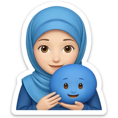 white pretty woman with hijab holding a blue cushion emoji sticker