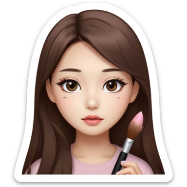 “korean straight long brown hair Emoji girl, soft eyeliner and blush, gradient lips, light brown shimmer eyeshadow sticker