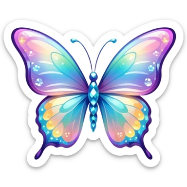 Transparent Shiny Glossy Pastel Gradient Hue Iridescent Crystal Butterfly with bright sparkles and sparkling glitter swirling around it sticker