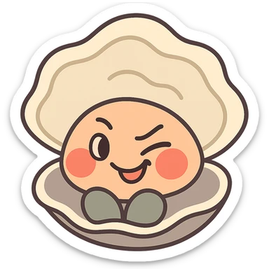Create a cute oyster with a winking and malicious expression, very red cheeks, inspired by the reference image. Use pastel toon style with cream, greige, and peach colors. Make the background transparent. sticker