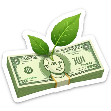 Minimal line-art icon of a money bill with a leaf symbol on the corner, clean modern style, simple outlines, slight 3D, no background, transparent, represents pure and ethical income. sticker
