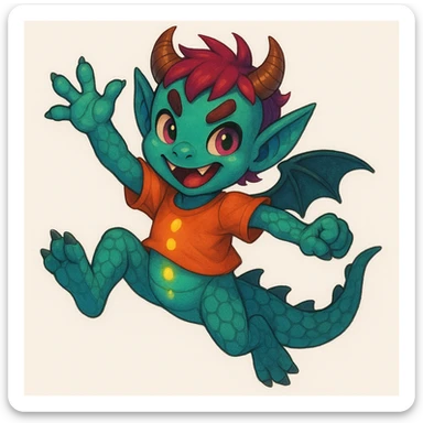 Give the kid a playful, energetic pose while keeping the blend of 60% dragon (scales, wings, tail), 20% demon (horns, mischievous eyes), and 20% alien (unusual skin color, glowing accents). sticker