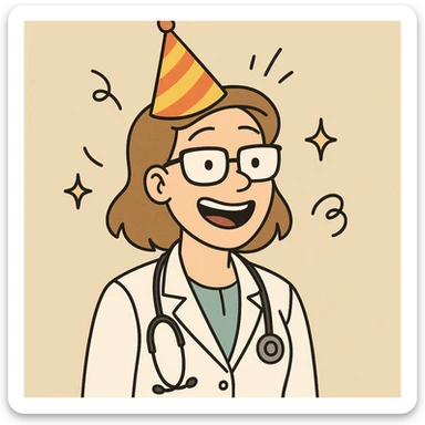 female doctor with glasses, party hat, celebratory mood sticker