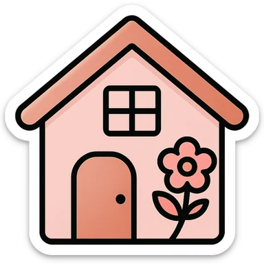 vector icon of a feminine home in rose gold and blush pink, flat minimal design, soft glow, white background, with a subtle floral detail sticker