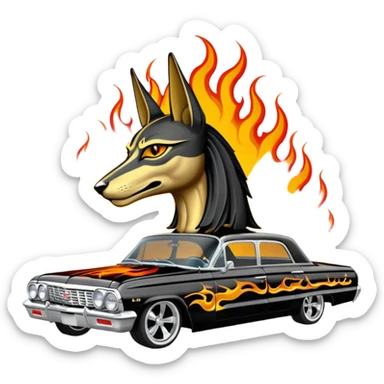 Satans Hot rod custom 1964 impala low rider four door Anubis theme painted hood flaming side-mounted chrome exhaust pipes driving straight to hell  sticker