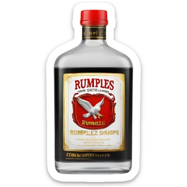clear bottle of rumpleminze clear peppermint schnapps alcohol with a black label that has a red border and red font and the label also has a small gold eagle on the label that says “rumples” sticker