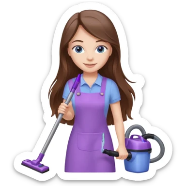 beautiful girl with long brown hair, blue eyes and wearing light purple clothes, cleaning and vacuuming sticker