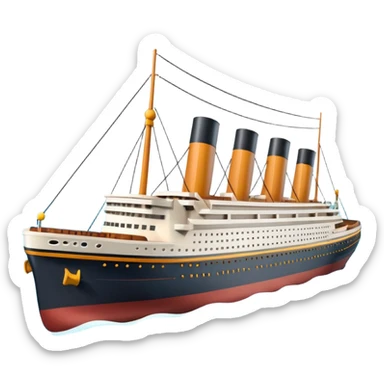 A 3D emoji of a Titanic ship in Apple style, glossy and smooth surface, bright clean colors with subtle shading, simple and minimal details, no face or expressions, floating on calm ocean, soft shadows, high-quality render, isolated on white background.


 sticker