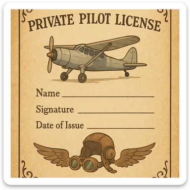 vintage-inspired private pilot license with a parchment background and classic aviation motifs sticker