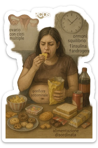 Donna tra i 25 e i 35 anni seduta sul divano o a un tavolo disordinato, circondata da cibi sparsi e poco sani: patatine, dolci, pane bianco, snack confezionati, bibite. Mangiando di fretta, ha un’espressione stanca e frustrata. Intorno a lei, in trasparenza o come illustrazione simbolica, si vedono gli effetti della PCOS peggiorata: ovaie con cisti multiple, squilibrio ormonale (↑ insulina, ↑ androgeni), gonfiore addominale. Sullo sfondo, orologio che corre o caos visivo che comunica disorganizzazione alimentare. Colori spenti e atmosfera stanca. Stile realistico con elementi simbolici e informativi. in italiano sticker