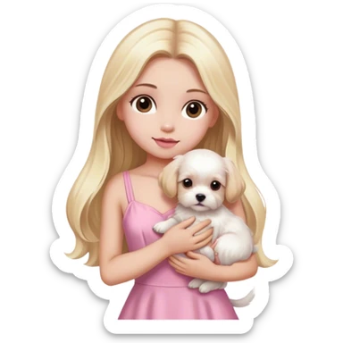 Blonde long hair brown eyes girl with white maltese puppy with pink dress sticker