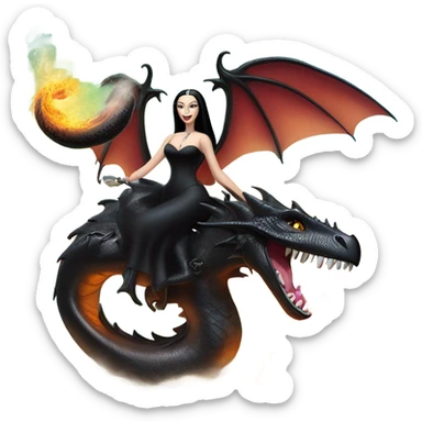 empowered and glamorously  dressed teen Morticia Addams Malibu Beach Barbie Jedi flying/riding on the back of a very large black shiny evil-looking fire-spewing horned dragon. proper scale sticker