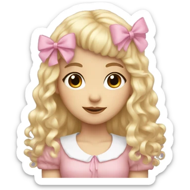 Blonde, pale girl with bangs and curly, long hair with pink bows  sticker