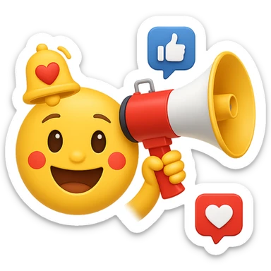 Add a notification bell with a heart to the classic yellow emoji, keeping the background transparent. Include a megaphone and social media icons to emphasize social media marketing. The emoji should have a classic yellow emoji style. sticker