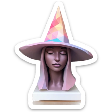 standalone sculpture witch hat is geometric, faceted design, on a hat display. The sculpture is angular and Alphonse Mucha style. The vibrant midtone tints of pastels and pink highlights the sharp edges and planes.  sticker