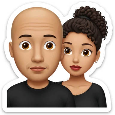 A picture of a tanned couple. the man is a Mexican man with tanned skin, a bald hair cut, short shaved beard and wearing a black shirt. the woman is mixed, with curly medium length hair in a pony tail, with big boobs and lips  sticker