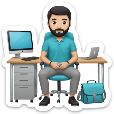 man with blackshot male hair and black hair and beard and hes in a office with his grey backpack on the floor and he has a tourquos polo shirt with backpack on floor on desk computer and grey pants sticker