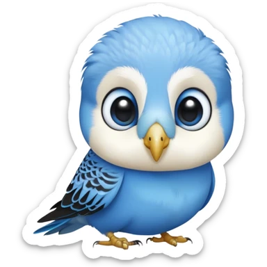 cinematic-cute-blue-budgie-portrait-emoji,-head-tilted-playfully-and-inquisitively,-featuring-a-brilliant-blue-feathered-fur-and white and black face-with-a-natural-sheen,-round,-sparkling-dark-eyes-filled-with-curiosity,-simplified-yet-irresistibly-adorable sticker