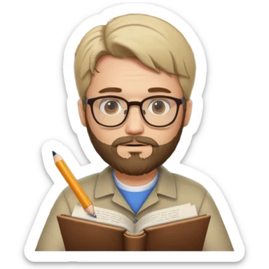 un escritor con barba y cabello medio largo raya en medio, escribiendo sticker