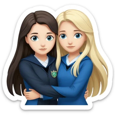 a pretty ravenclaw girl with long dark brown hair and blue eyes standing with a hot Slytherin girl with long blonde hair, blue eyes sticker
