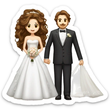 bride with brown long wavy hair, brown eyes, bride dress with sleeves. a tall groom with suit, yamaka sticker
