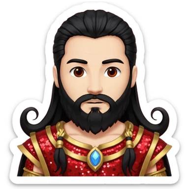 Mars, God of War from Gods and Goddesses with long black hair and beard, red and black sequin outfit, light tan skin sticker
