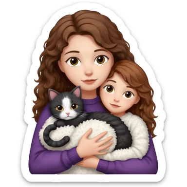 A pretty white girl with hazel brown eyes and brown wavy hair in a cosy white knit sweater, hugging a black and white cat sticker