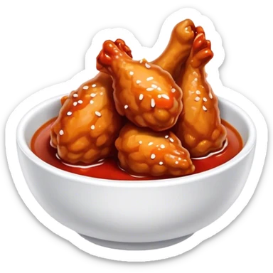 Korean Fried Chicken Cinematic Realistic Korean Fried Chicken Dish Emoji, depicted as bite-sized chicken pieces generously coated in a glossy, spicy sauce, in a bowl. sticker