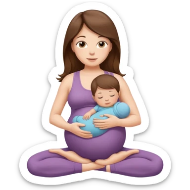 "Pregnant woman sitting in a yoga pose with long brown hair and fair skin, holding a newborn baby with short brown hair and fair skin." sticker