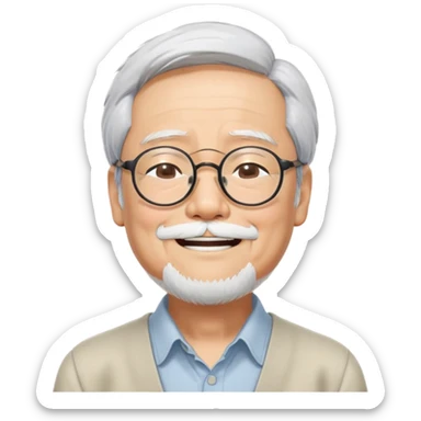 _cinematic-realistic-portrait-of-hayao-miyazaki,-depicted-with--large-rectangular-glasses,-his-happy-expression-rendered-in-lifelike-detail,-illuminated-with-soft,-realistic-lighting-that-emphasizes-his-creative-genius, his eyes shut  closed because of his large smile. eyes are shut sticker