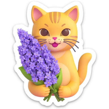 cat holding a bouquet of purple lilac flowers in hand, 3d emoji style sticker
