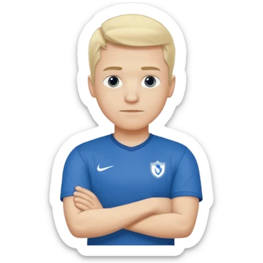 Pale blond man in blue football t shirt crossed arms from cold sticker