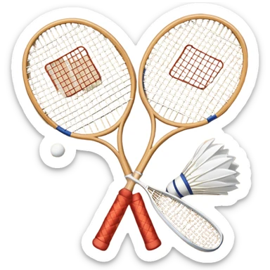 Two crossed badminton rackets with a shuttlecock resting in between, set against the faint outline of a badminton court. The image highlights the tools of the sport, with a subtle emphasis on the court's net and boundaries, symbolizing competition and skill. sticker