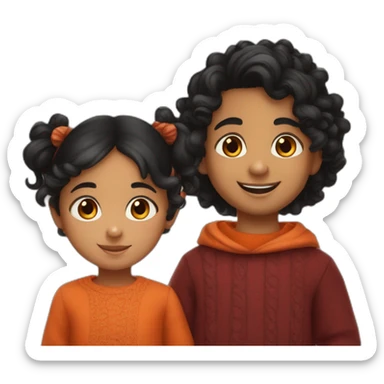 smiling 3 years old indian girl with black curly hair in pigtails wearing a orange dress with a smiling 3 years old indian boy with black hair wearing a dark red sweater sticker