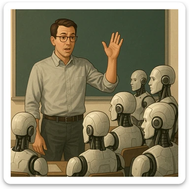 A human teacher standing in front of a classroom of androids, raising a hand to explain a concept sticker