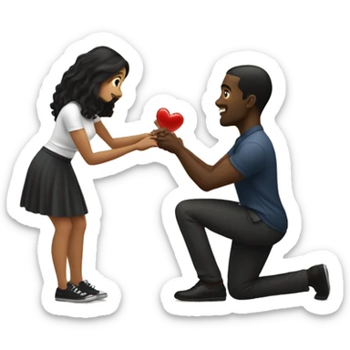 Black guy proposing on one knee with a ring to a standing light brown girl with long black hair sticker