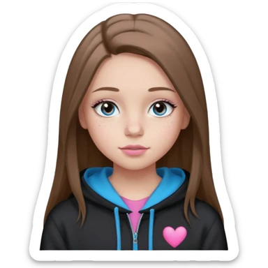 Create a TEENAGE girl with LONG and straight light brunette hair with a middle part, light skin, light freckles, and blue-gray eyes. She will have pink lips and LONG eyelashes. She will be wearing a black hoodie sticker