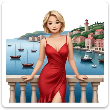 jennifer lawrence, closeup portrait , leaning on a balcony with a harbor and cityscape in the background, smiling, red dress  sticker