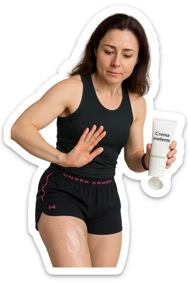 Donna con cellulite sulle cosce che usa una crema chiamata "Crema snellente" sticker