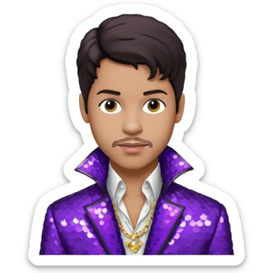 Prince Rogers Nelson with dark brown hair, purple sequin jacket, white shirt sticker